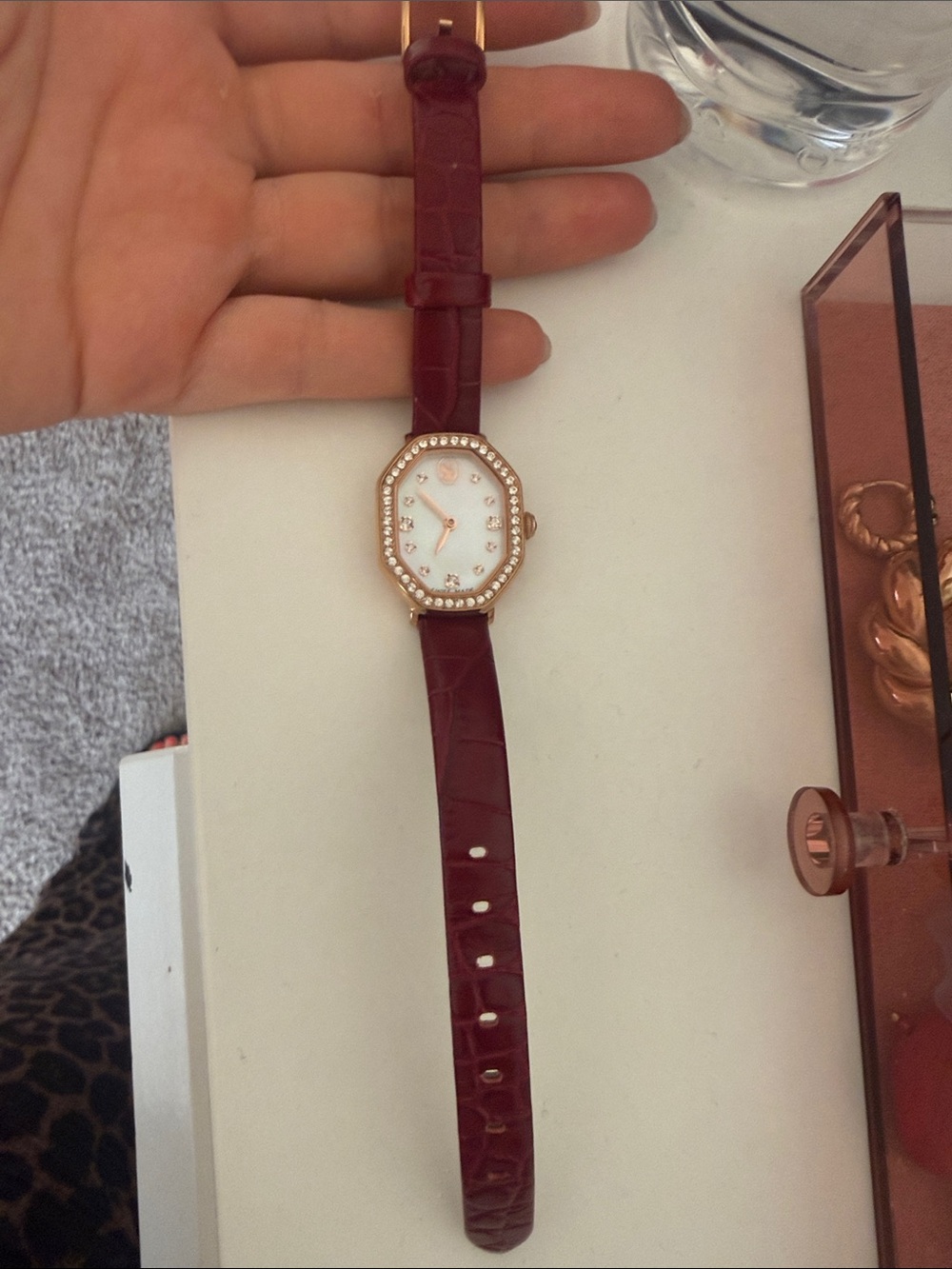 Swarovski Rose Gold Case Watch with Burgundy Leather Strap